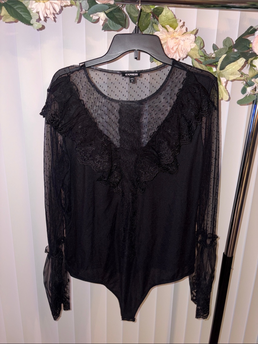 Express Black Sheer Lace Ruffle Bodysuit